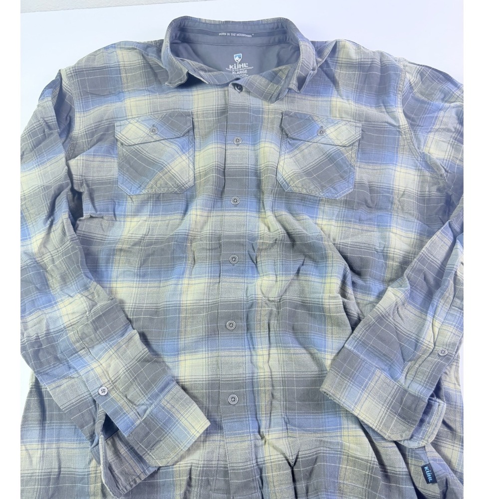 Kuhl Mens XL Blue Grey Plaid Flannel Button Down Shirt Born In The Mountains